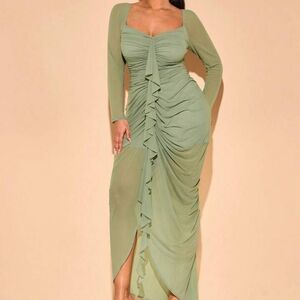 SHEIN Sage Green Ruched Ruffle Maxi Dress